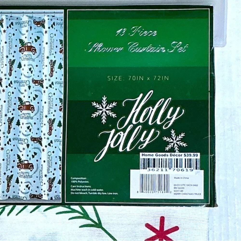 Holiday Shower Fabric Curtain Set Christmas Trucks 13 PC Set 70 x 72 White Red